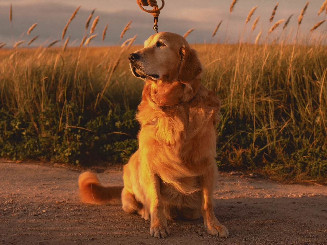 Rolig hund på en dansk kyststi i gyldent aftenlys med løs rebsnor